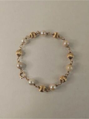 Vintage 14k Yellow Gold and Pearls Fluted Bead Bracelet See Description